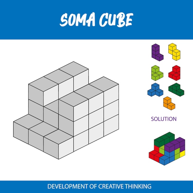 A blue and white poster with the word soma cube on it.