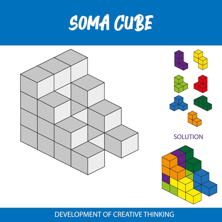 Vector a blue and white poster with the word soma cube on it.
