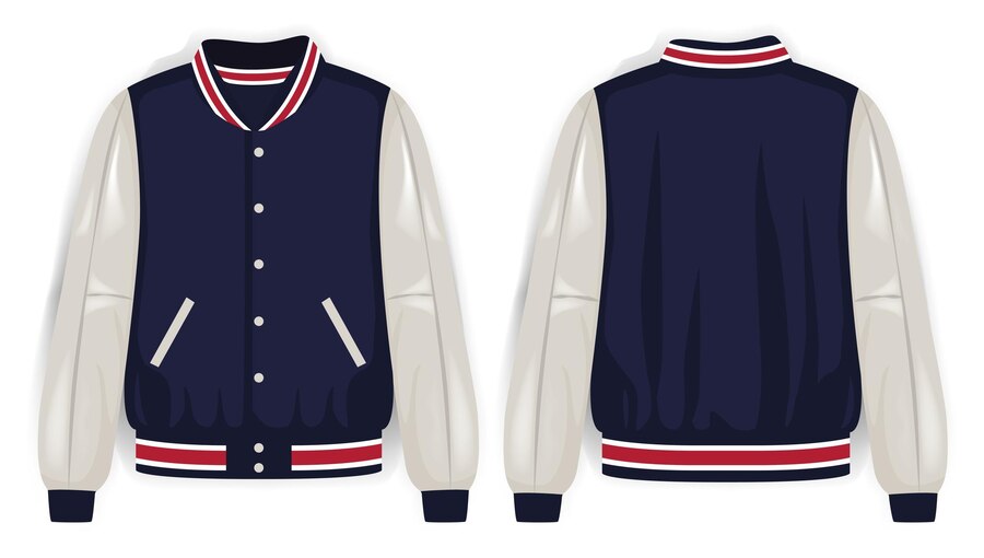 Premium Vector | Blue white and red varsity jacket front and back view ...
