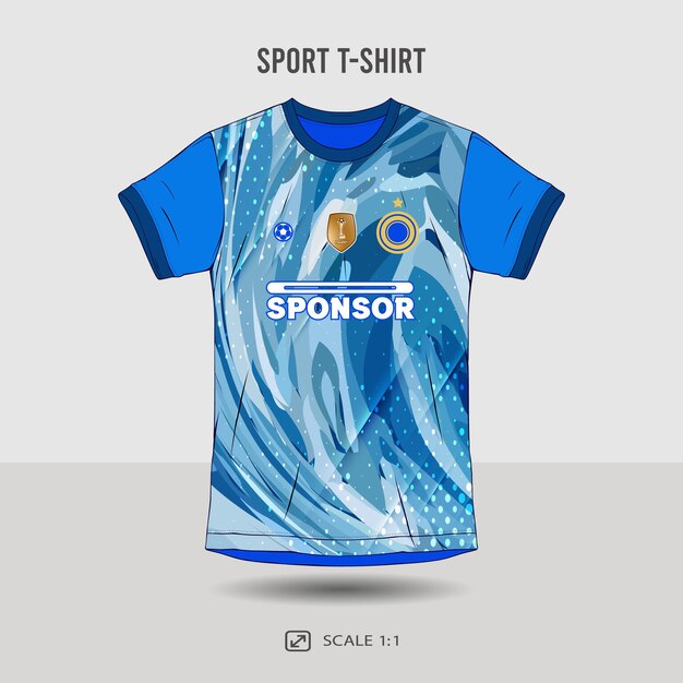 a blue and white shirt with the word sport on it