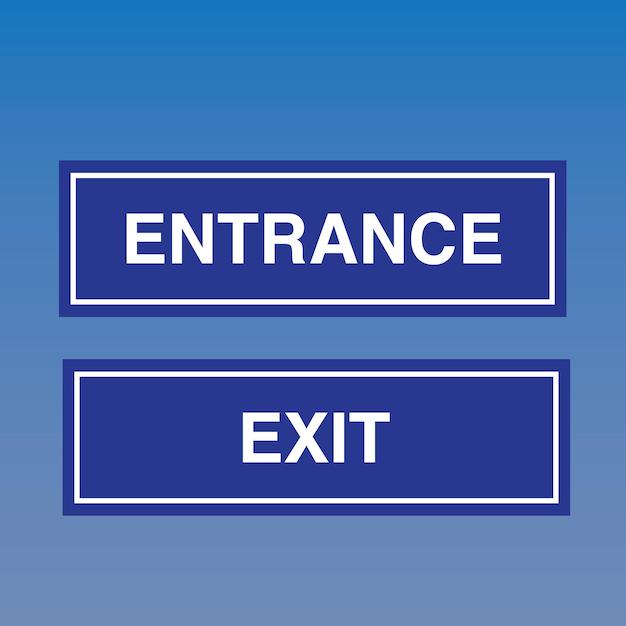 A blue and white sign that says entrance and exit.