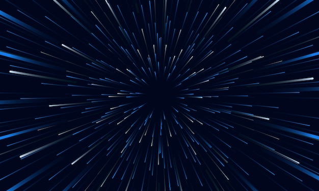 Il fondo astratto delle luci di velocità blu e bianco viaggia attraverso il tempo e lo spazio. contesto blu scuro di iper velocità di movimento veloce. linee di movimento astratto sfondo vettoriale futuristico.