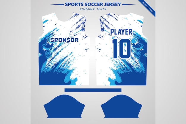 A blue and white sports jersey with the name sponsor on it.