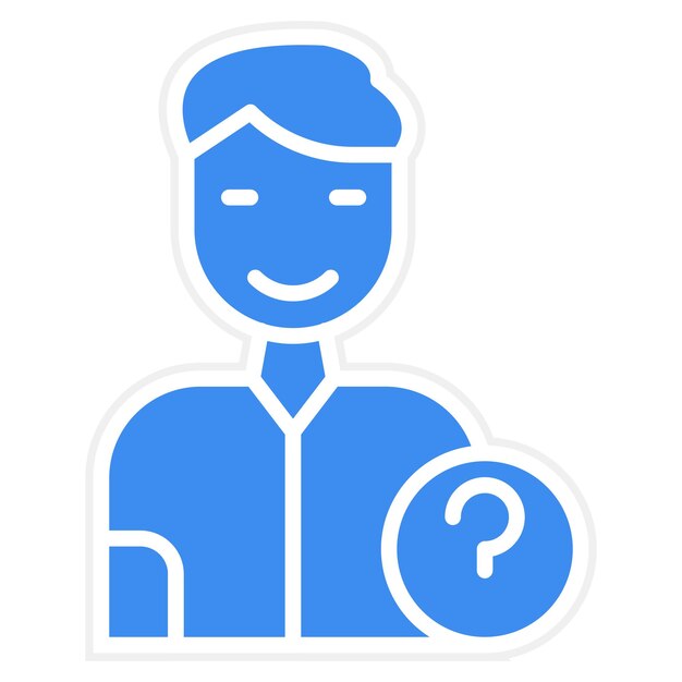 A blue and white sticker with a man with a question mark on it