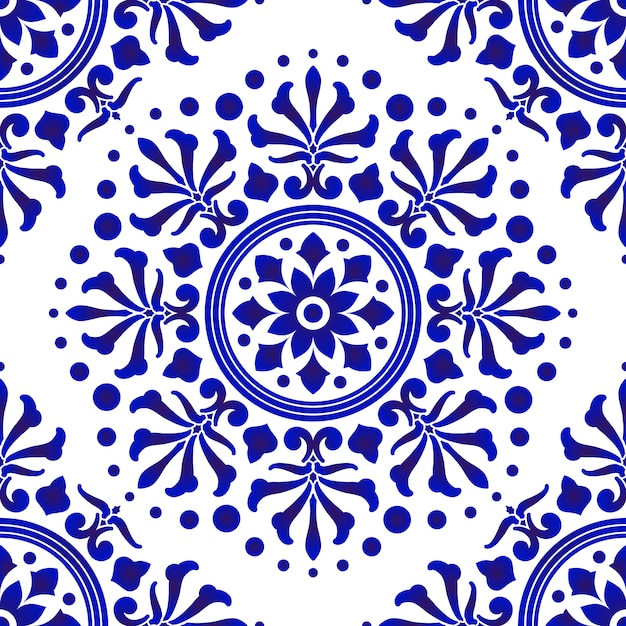 Blue and white tile pattern, abstract floral decorative seamless for design, porcelain, chinaware, ceramic, tile, ceiling, texture, mandala, wallpaper, floor and wall