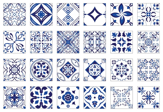 Blue and white tile Seamless patterns set Vector illustation Eps10