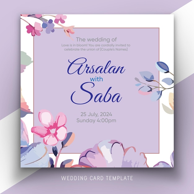 a blue and white wedding card with flowers and a blue background