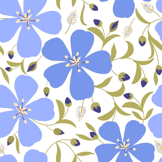 Вектор Синий полевой цветок цветочный с листьями и бутонами повторяющийся узор