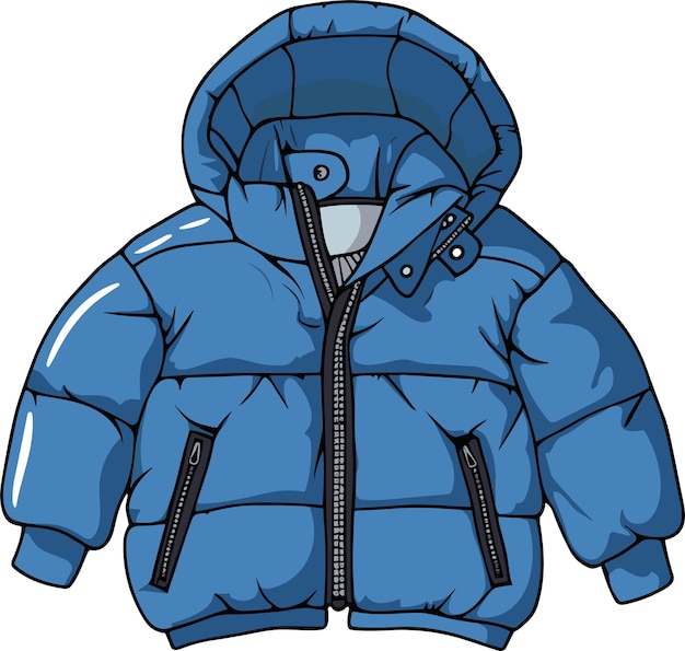 Blue winter down jacket with hood isolated on white background vector illustration