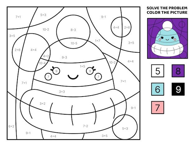 Blue winter hat Solve the problem color the picture Addition Subtraction Coloring book Vector