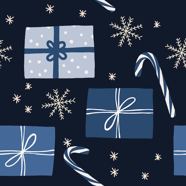 Sfondo di natale blu inverno capodanno con confezione regalo e neve che cade seamless pattern