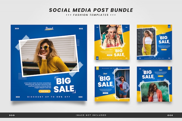 Blue with yellow minimalist fashion social media post templates with tape