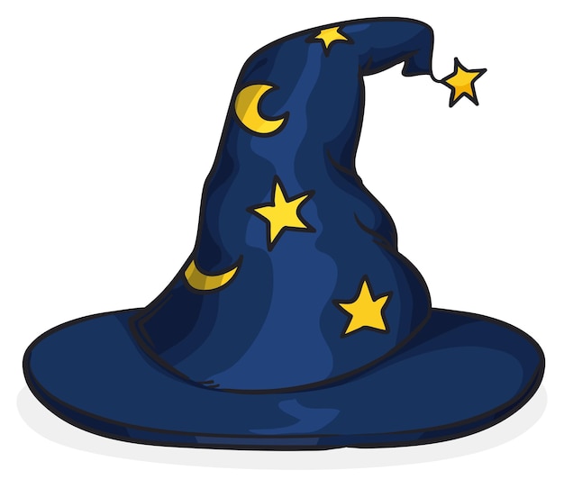 Vettore cappello da mago blu decorato con motivo stellato e lune in stile cartone animato su sfondo bianco