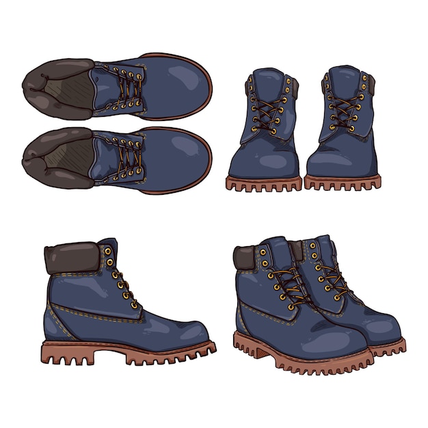 Blue work boots vector set of cartoon shoes