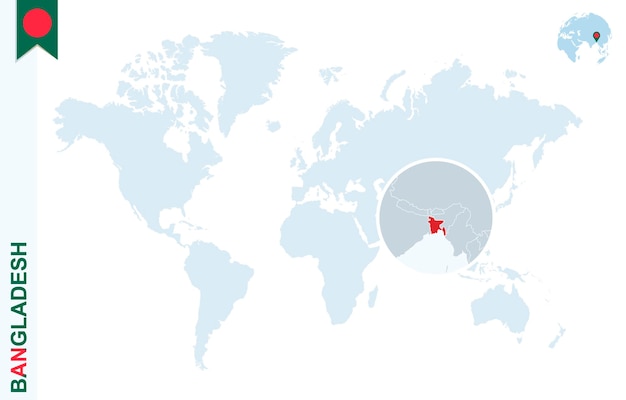 Mappa del mondo blu con ingrandimento sul bangladesh