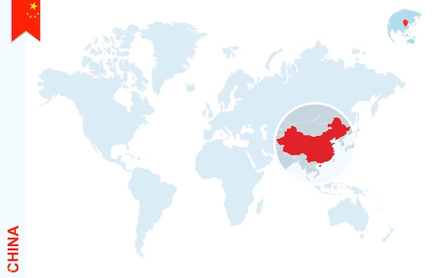 中国を拡大した青い世界地図