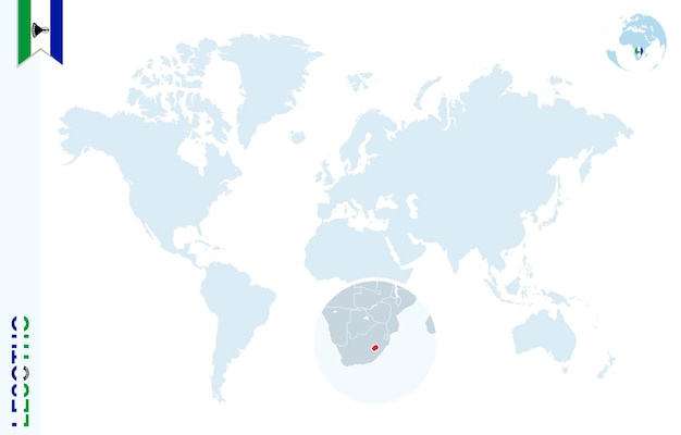 レソトを拡大した青い世界地図