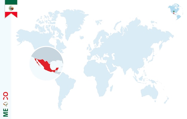 メキシコを拡大した青い世界地図