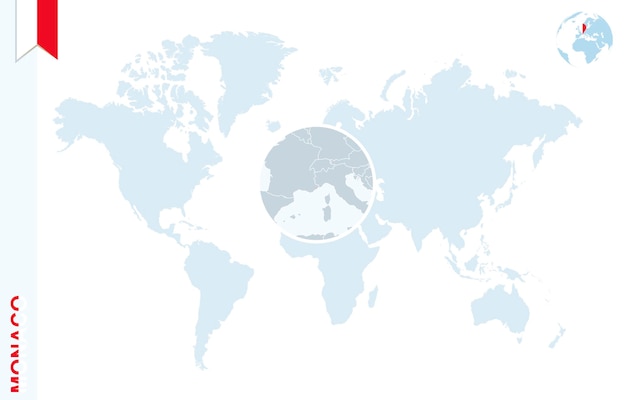 Mappa del mondo blu con ingrandimento su monaco