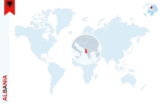 アルバニアを拡大した青い世界地図