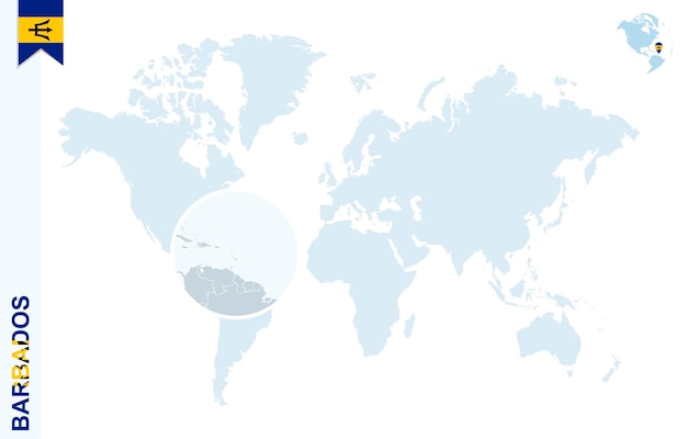 바베이도스에서 확대와 함께 파란색 세계 지도