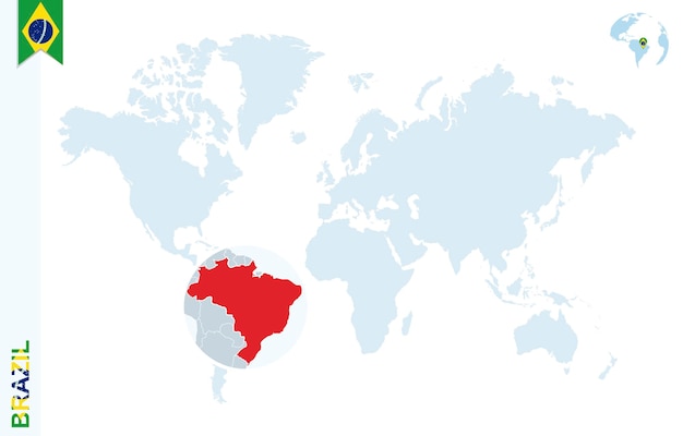 Голубая карта мира с увеличением на бразилии