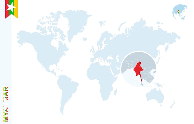 미얀마에 확대와 함께 파란색 세계 지도