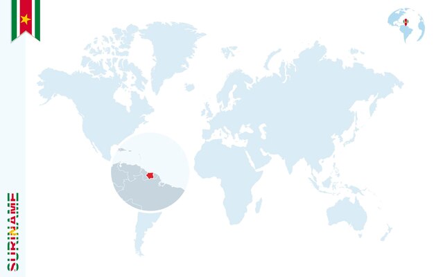 スリナムを拡大した青い世界地図