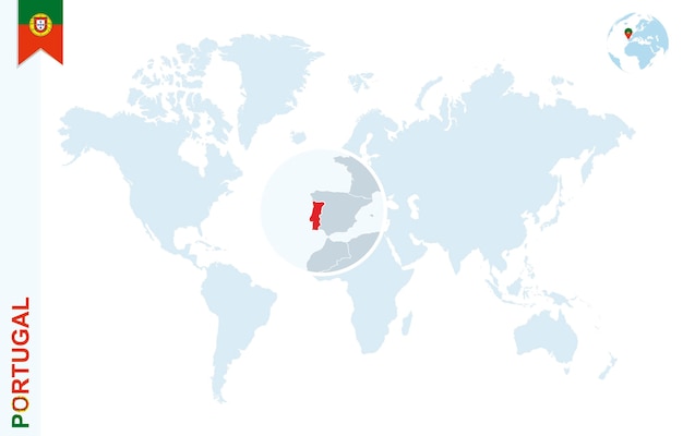 Голубая карта мира с увеличением на Португалии