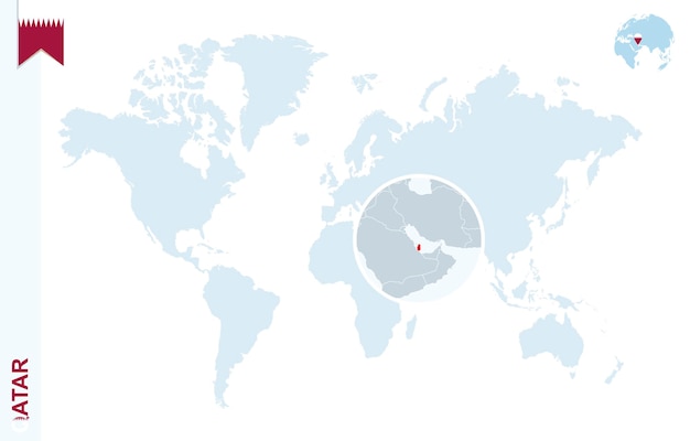 Mappa del mondo blu con ingrandimento sul qatar