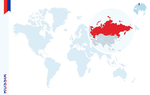 Vector blue world map with magnifying on russia