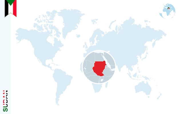 Blue world map with magnifying on Sudan