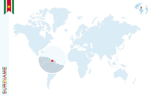 Mappa del mondo blu con ingrandimento sul suriname