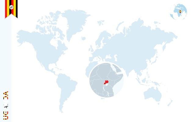 Blue world map with magnifying on uganda