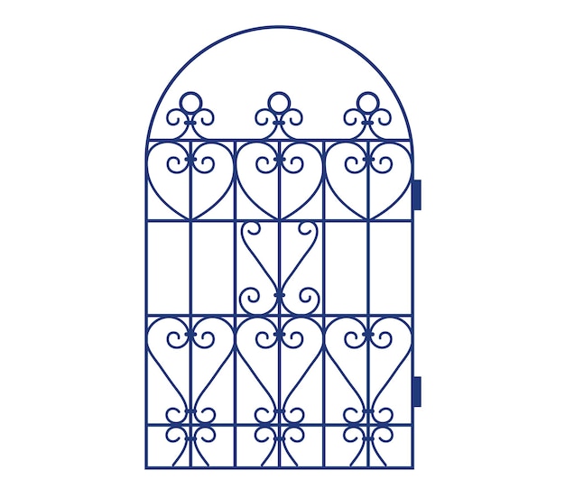 Vector blue wrought iron gate with ornate swirls and geometric designs elegant metal entrance arch vector