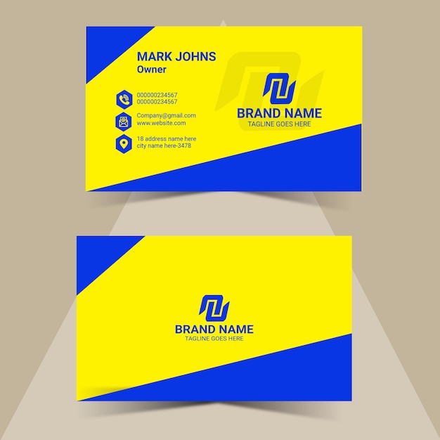 A blue and yellow business card design