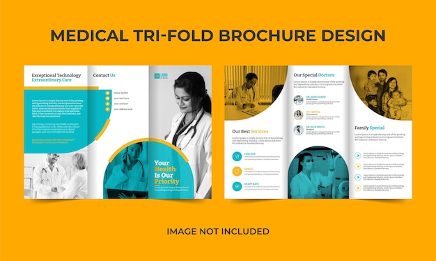 Vettore modello di progettazione vettoriale brochure medica a tre ante minimalista creativo blu e giallo