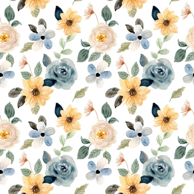 Vector blue yellow floral watercolor seamless pattern