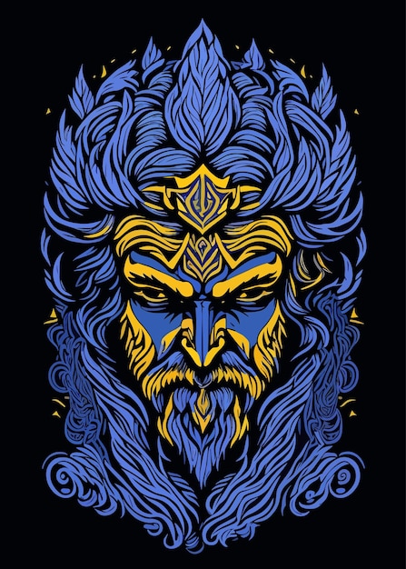 A blue and yellow illustration of a viking head with a long mane and a crown on it.