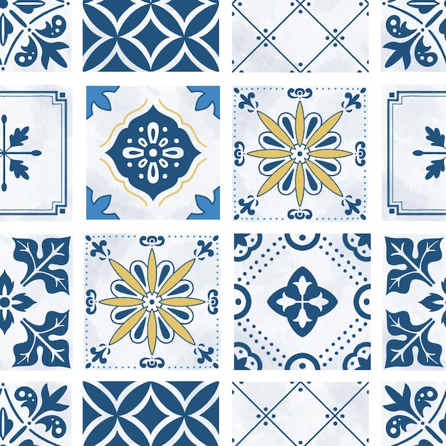 Blue and yellow Mediterranean tiles seamless pattern wallpaper