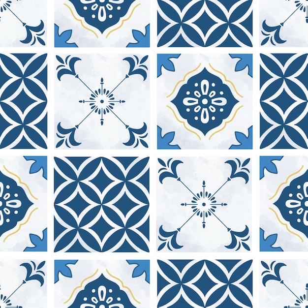 Blue and yellow Mediterranean tiles seamless pattern wallpaper