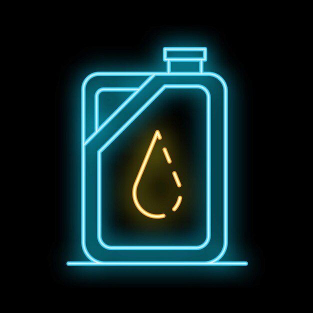 Blue and yellow neon oil can icon glowing on black background