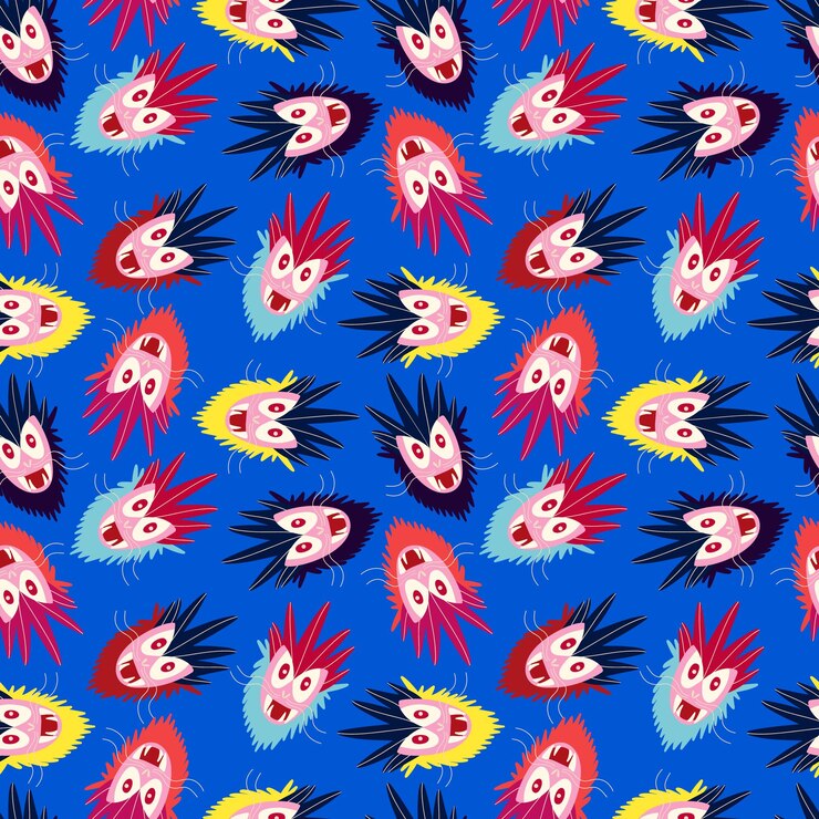 Vector a blue and yellow pattern of cartoon faces with red eyes and mouths
