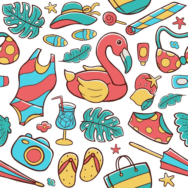 Blue, yellow and pink summer seamless pattern in flat design style