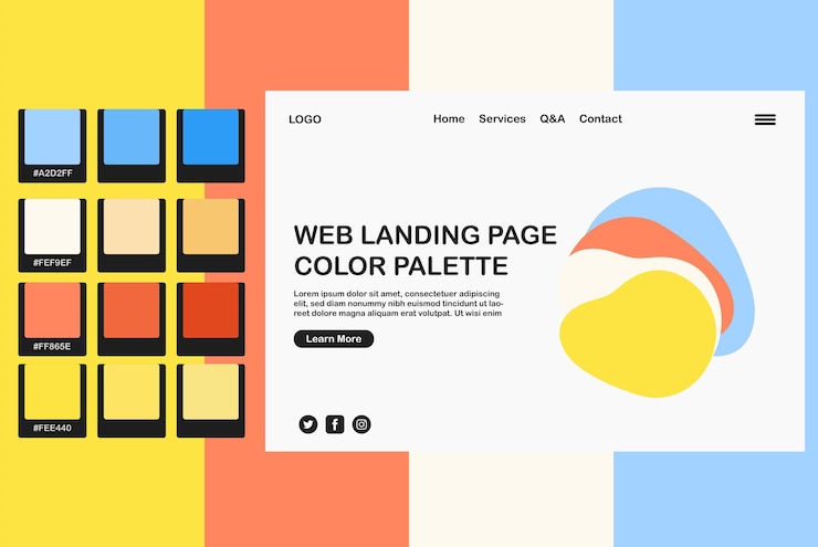 Vector blue yellow pink web page color palette, light colors landing page, pantone colors for website page