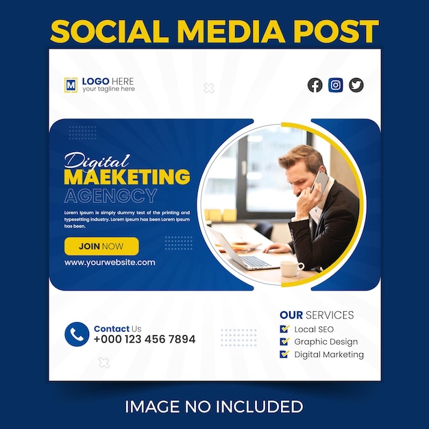 Un poster blu e giallo per i post sui social media.