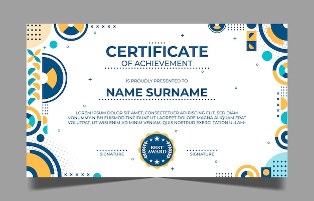 a blue and yellow poster that says certificate of award