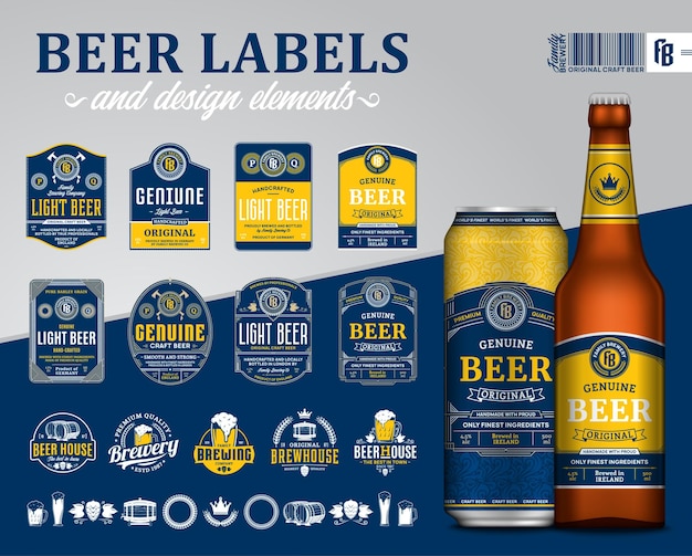 Etichette di birra di qualità premium blu e giallo.