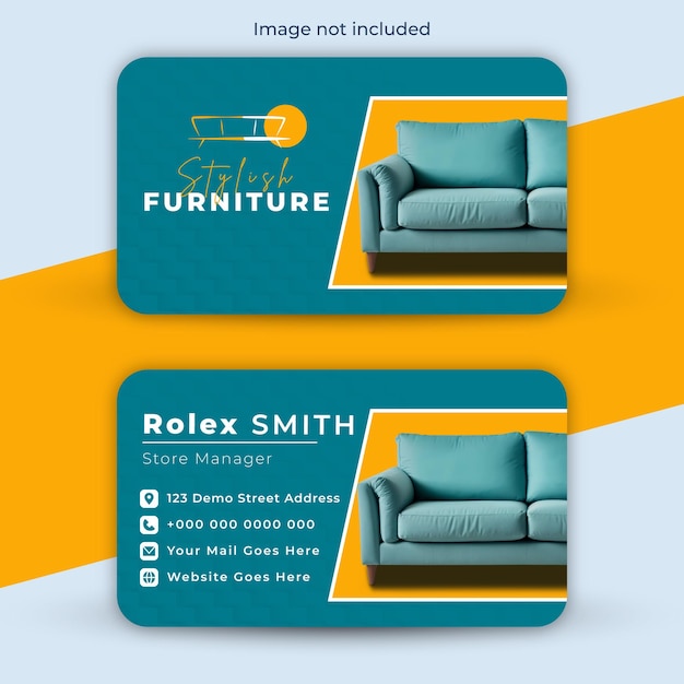 a blue and yellow sign business card with the concept of furniture sale