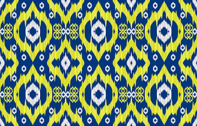 Motivi senza cuciture in tessuto etnico ikat blu giallo e argento. stile retrò vintage tribale geometrico.